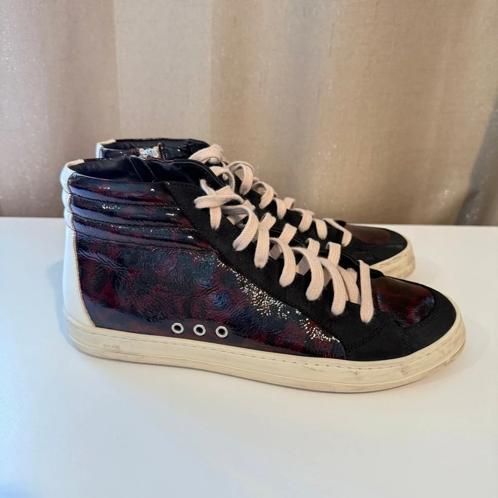 P448 Skate Burgundy Leopard Patent Leather High Top Sneakers Mens 38 Black Suede